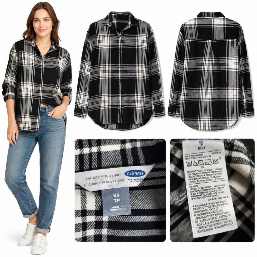 Old Navy XS Plaid Boyfriend Shirt Navy White